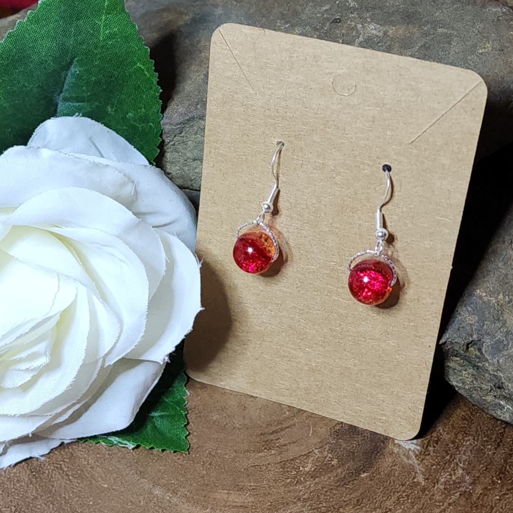 Hand Crafted Dangle Drop Earrings With Red And Orange Crackled Glass